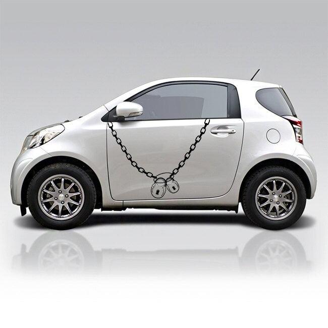 White car with a chain and handcuff vinyl decal on the door for a unique and creative look.