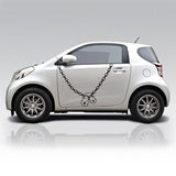 White car with a chain and handcuff vinyl decal on the door for a unique and creative look.
