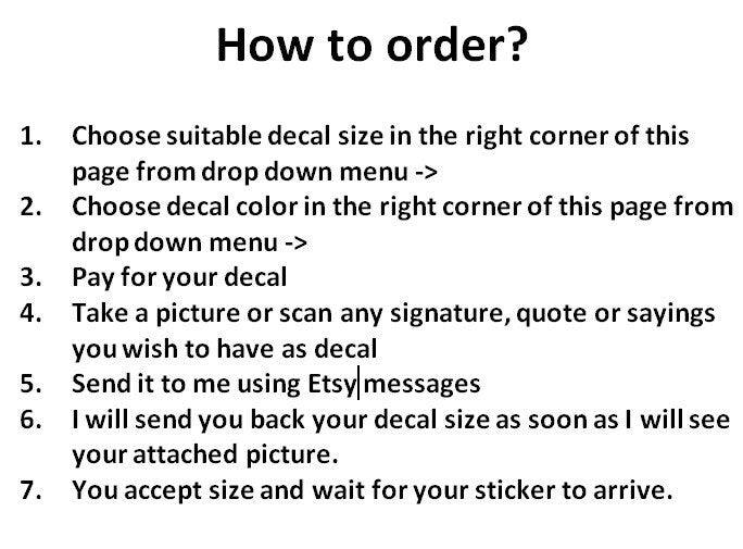 Ordering instructions for a custom personalized handwriting sticker.