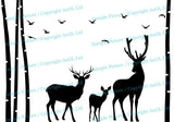 Silhouette of deer and fawn amidst trees and birds.
