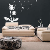 Dandelion vinyl sticker wall decal above a stylish beige sofa in a modern living room, enhancing the decor with nature.
