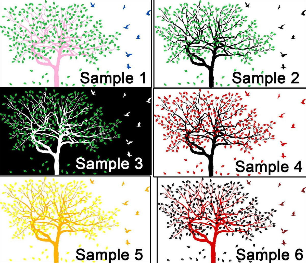 Colorful tree wall sticker samples showing different designs with birds, including pink, green, white, red and yellow.