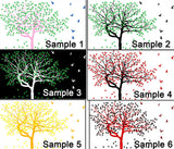 Colorful tree wall sticker samples showing different designs with birds, including pink, green, white, red and yellow.
