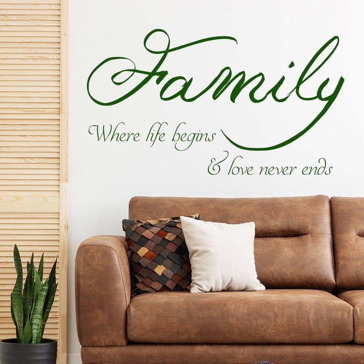 Motivational family wall decal with quote 'Where life begins & love never ends' on a cozy living room wall.