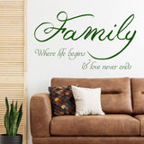 Motivational family wall decal with quote 'Where life begins & love never ends' on a cozy living room wall.