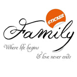 Motivational family wall decal stating 'Where life begins & love never ends'.