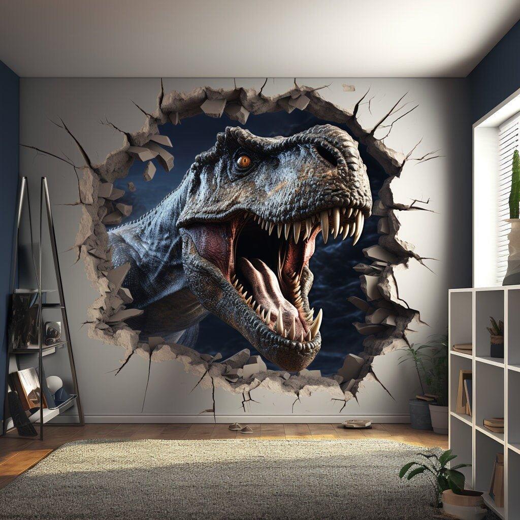 Jurassic dinosaur wall decal with a printed cracked-wall illusion