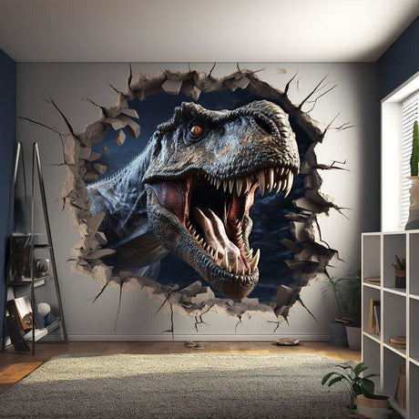 Jurassic dinosaur wall decal with a printed cracked-wall illusion