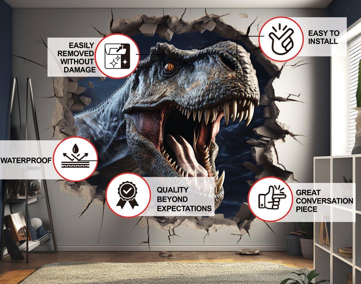 3D dinosaur wall decal with broken wall effect.