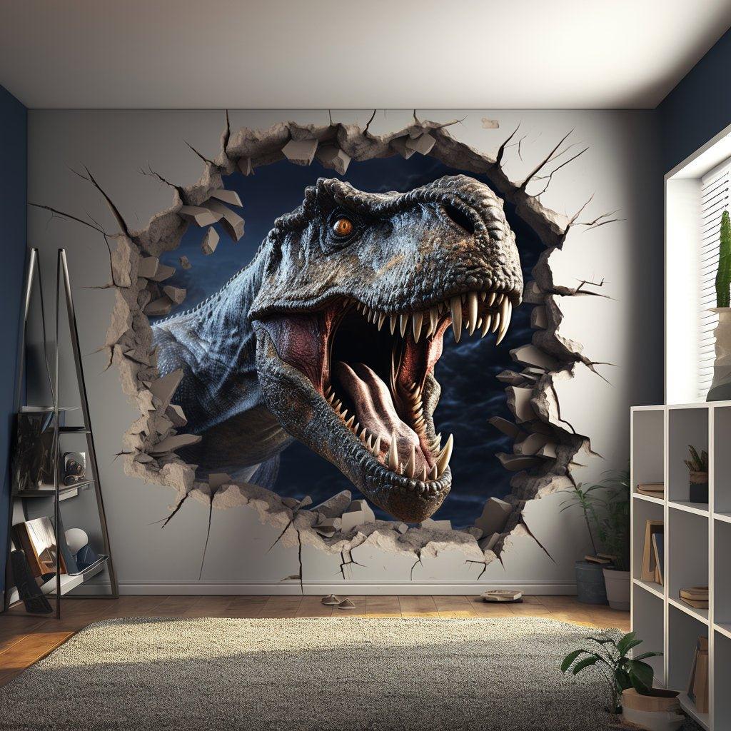 3D dinosaur wall decal featuring a roaring T-Rex popping through the wall.