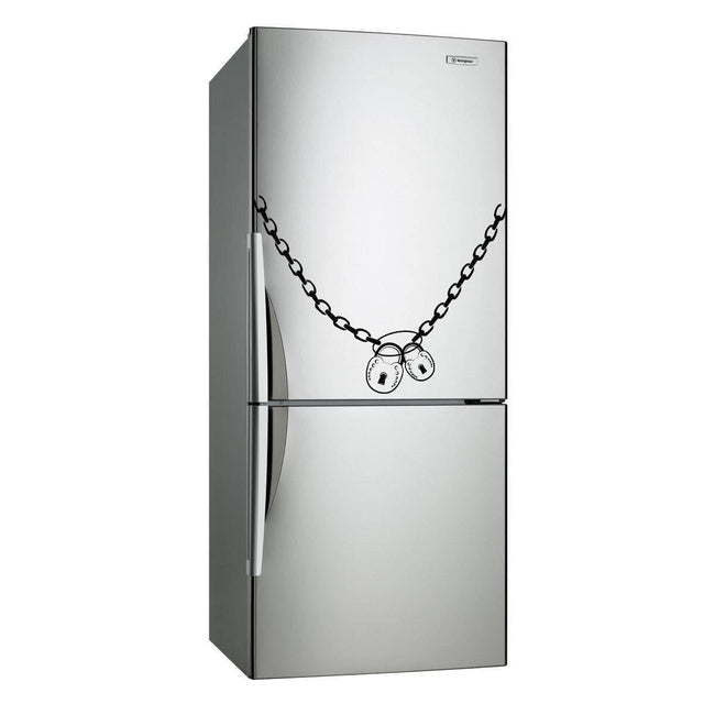 Aesthetic vinyl kitchen fridge decal featuring a chain and padlock design for unique kitchen decor.