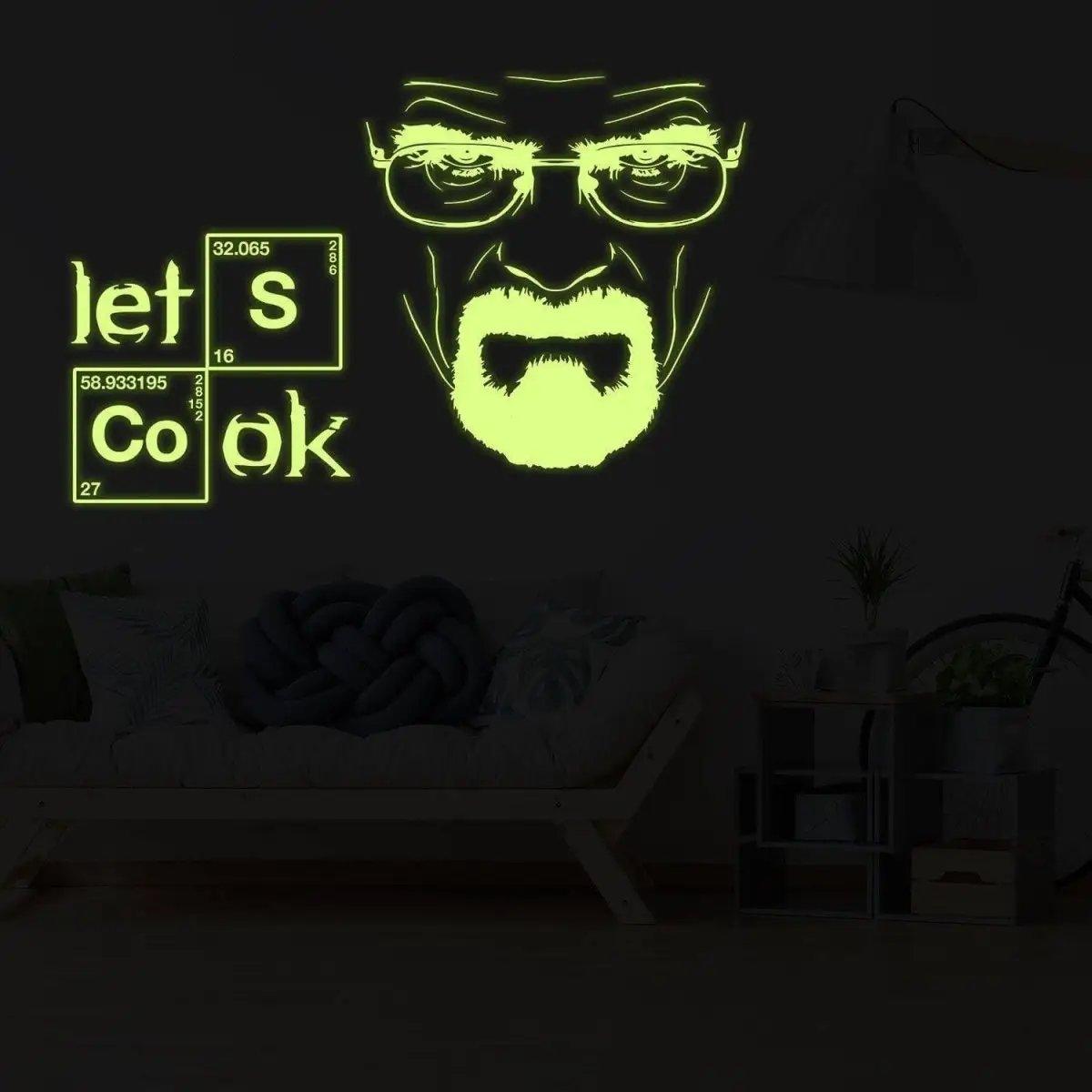 Glow-in-the-dark chemistry wall decal with a character portrait and Let's Cook quote.