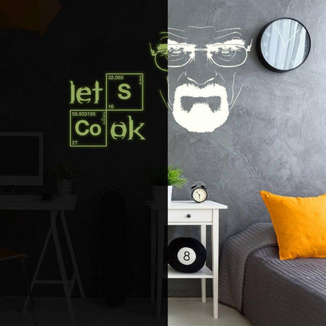 Glow-in-the-dark chemistry kitchen wall decal with a Let's Cook quote and character design.