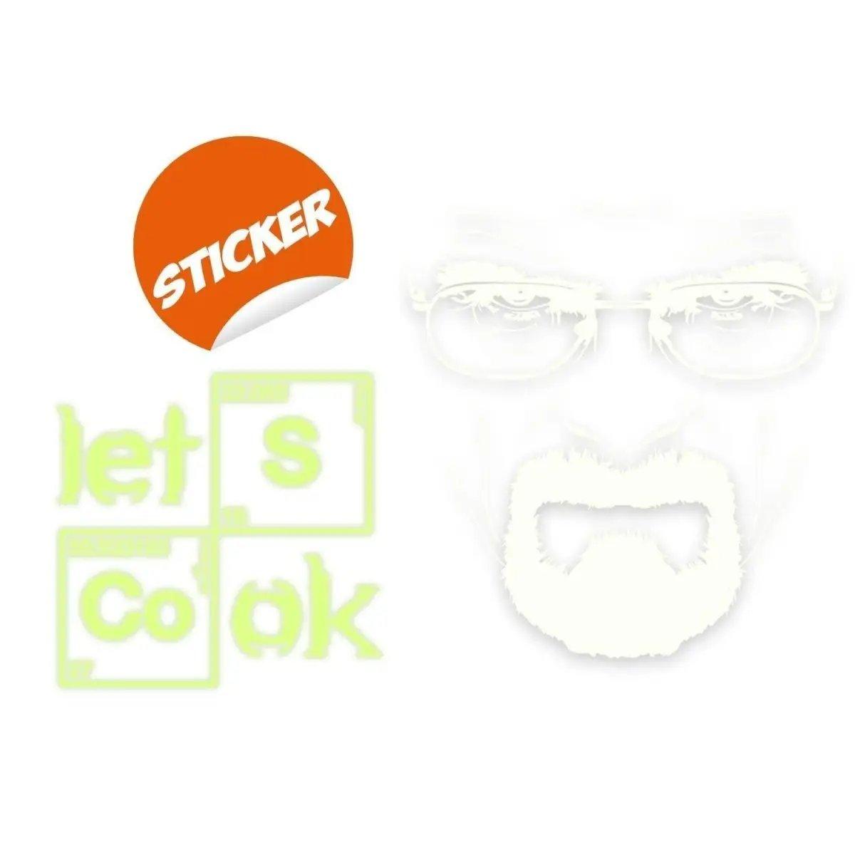 Glow-in-the-dark chemistry wall decal featuring Let's Cook text, glasses, and a beard design.