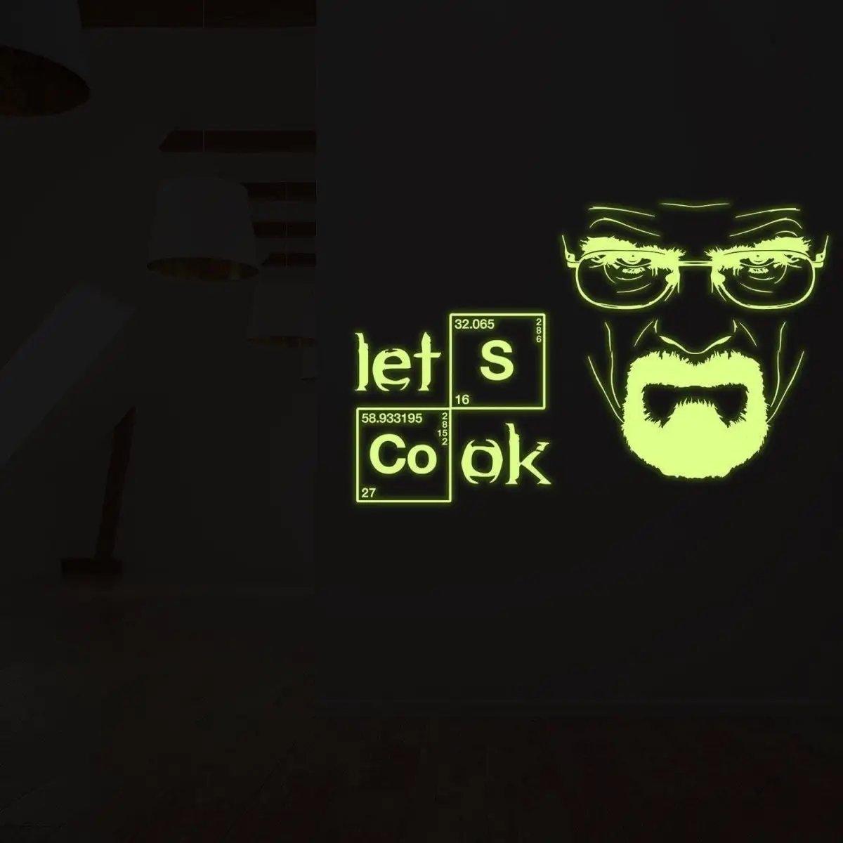 Glow-in-the-dark Let's Cook wall decal with a chemistry-themed character design.
